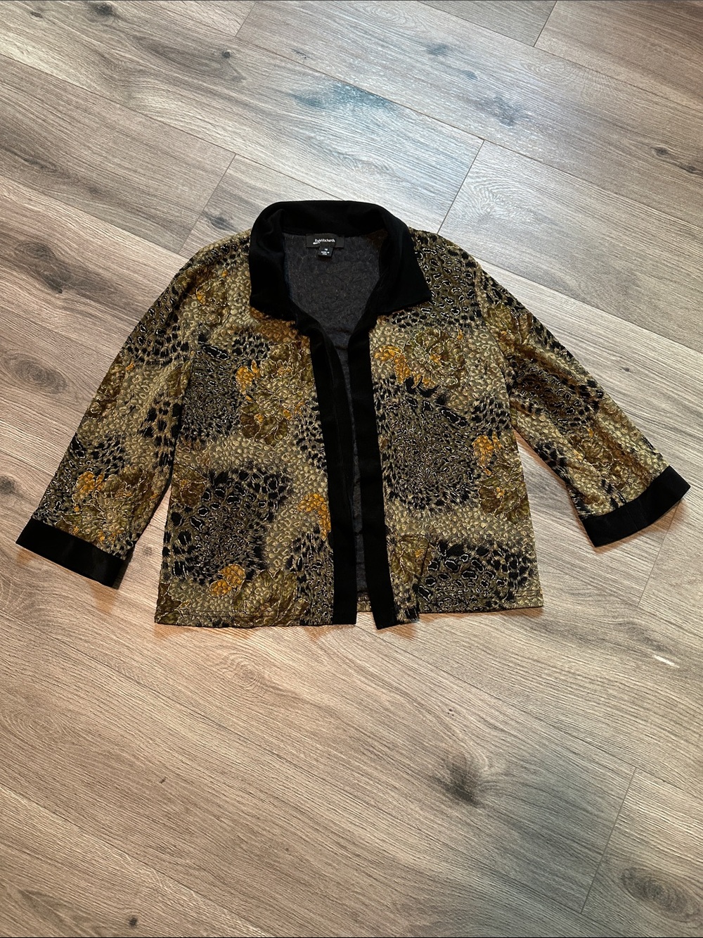 Textured Olive & Black Open-Front Jacket with Black Trim